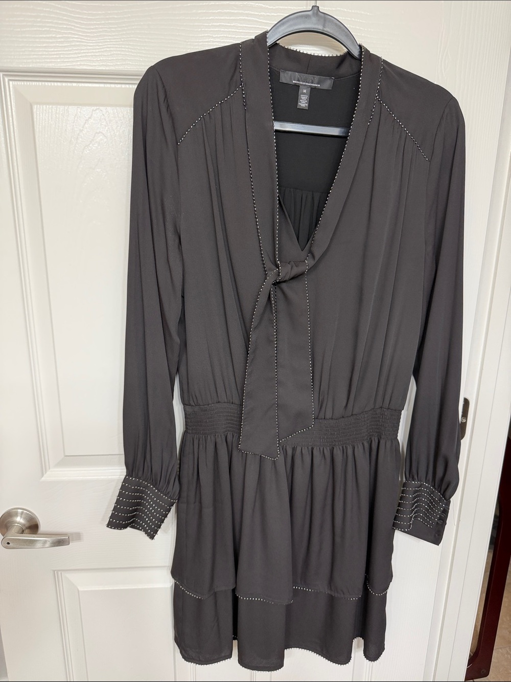 White House Black Market Black Tie-Neck Long Sleeve Dress with sparkle Accents